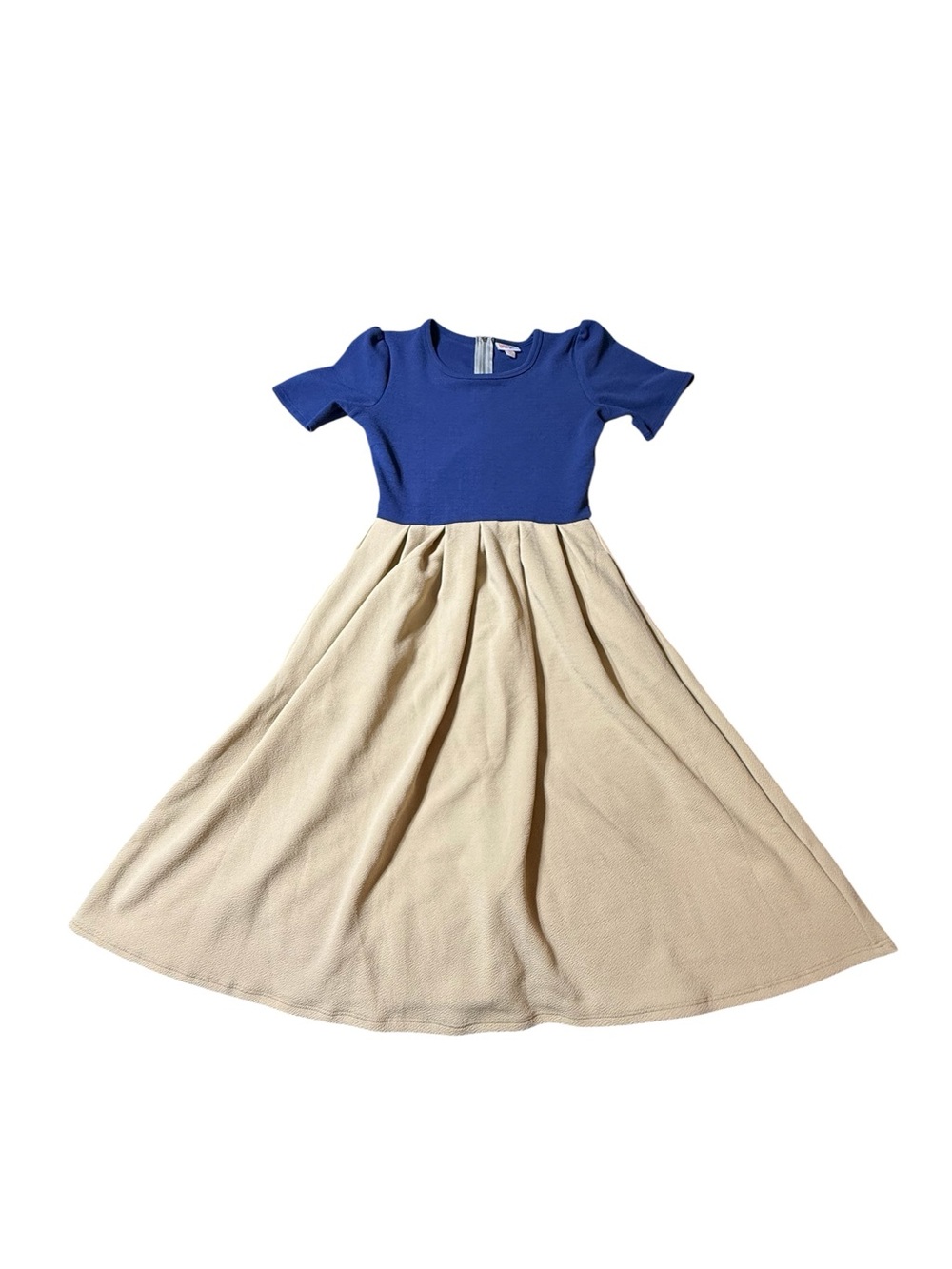 LuLaRoe Amelia Dress XS Colorblock Blue Tan Short Sleeve Pleated Fit Flare